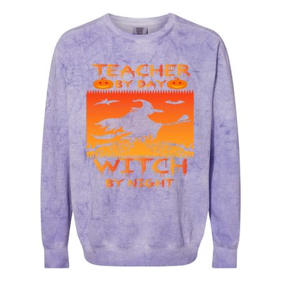 Retro Halloween Teacher By Day Witch By Night Meaningful Gift Colorblast Crewneck Sweatshirt