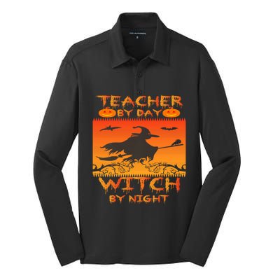 Retro Halloween Teacher By Day Witch By Night Meaningful Gift Silk Touch Performance Long Sleeve Polo