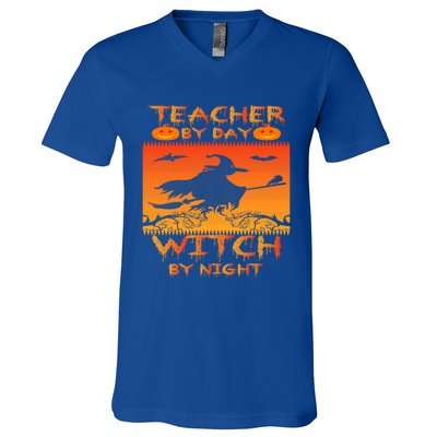 Retro Halloween Teacher By Day Witch By Night Meaningful Gift V-Neck T-Shirt