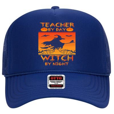 Retro Halloween Teacher By Day Witch By Night Meaningful Gift High Crown Mesh Back Trucker Hat