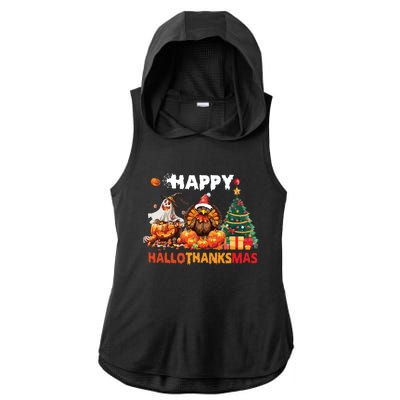 Retro Halloween Thanksgiving Christmas Happy Hallothanksmas Ladies PosiCharge Tri-Blend Wicking Draft Hoodie Tank