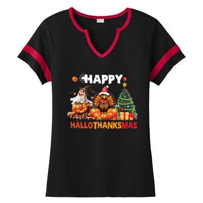 Retro Halloween Thanksgiving Christmas Happy Hallothanksmas Ladies Halftime Notch Neck Tee