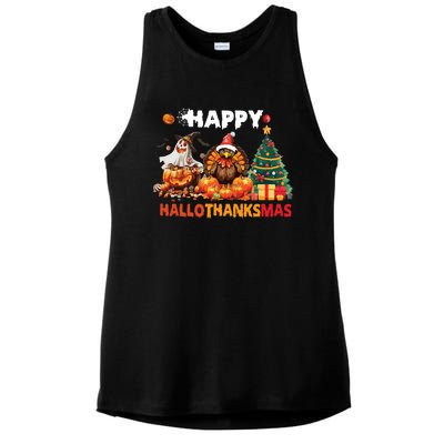 Retro Halloween Thanksgiving Christmas Happy Hallothanksmas Ladies PosiCharge Tri-Blend Wicking Tank