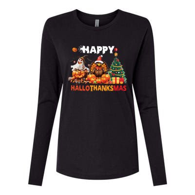 Retro Halloween Thanksgiving Christmas Happy Hallothanksmas Womens Cotton Relaxed Long Sleeve T-Shirt