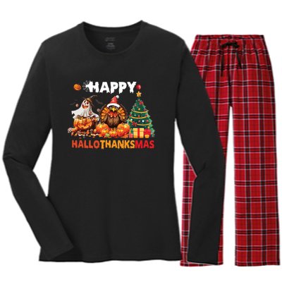 Retro Halloween Thanksgiving Christmas Happy Hallothanksmas Women's Long Sleeve Flannel Pajama Set 