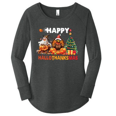 Retro Halloween Thanksgiving Christmas Happy Hallothanksmas Women's Perfect Tri Tunic Long Sleeve Shirt