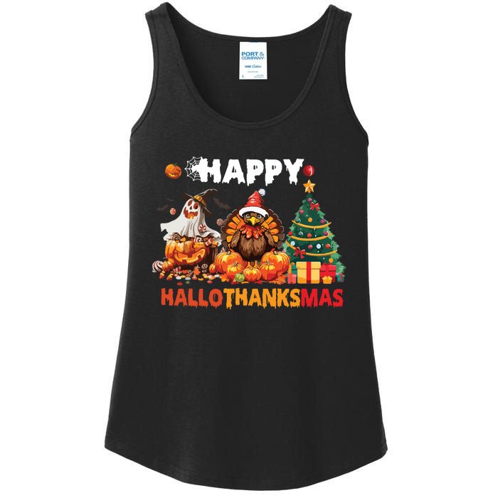 Retro Halloween Thanksgiving Christmas Happy Hallothanksmas Ladies Essential Tank