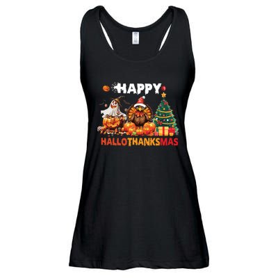 Retro Halloween Thanksgiving Christmas Happy Hallothanksmas Ladies Essential Flowy Tank