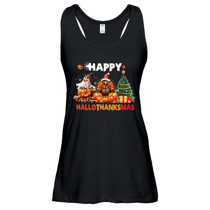 Retro Halloween Thanksgiving Christmas Happy Hallothanksmas Ladies Essential Flowy Tank