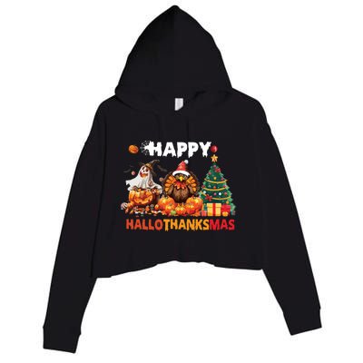 Retro Halloween Thanksgiving Christmas Happy Hallothanksmas Crop Fleece Hoodie