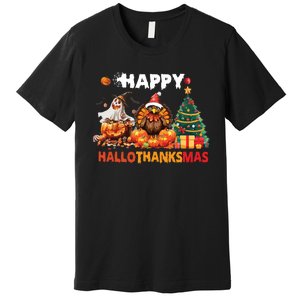 Retro Halloween Thanksgiving Christmas Happy Hallothanksmas Premium T-Shirt