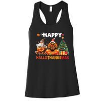 Retro Halloween Thanksgiving Christmas Happy Hallothanksmas Women's Racerback Tank