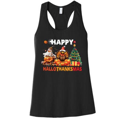 Retro Halloween Thanksgiving Christmas Happy Hallothanksmas Women's Racerback Tank