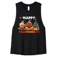 Retro Halloween Thanksgiving Christmas Happy Hallothanksmas Women's Racerback Cropped Tank