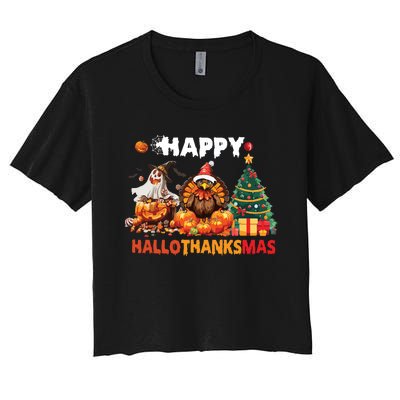 Retro Halloween Thanksgiving Christmas Happy Hallothanksmas Women's Crop Top Tee