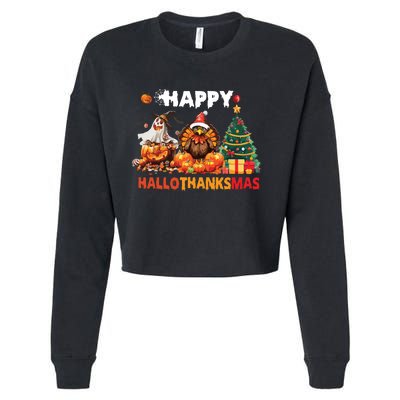 Retro Halloween Thanksgiving Christmas Happy Hallothanksmas Cropped Pullover Crew