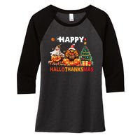 Retro Halloween Thanksgiving Christmas Happy Hallothanksmas Women's Tri-Blend 3/4-Sleeve Raglan Shirt