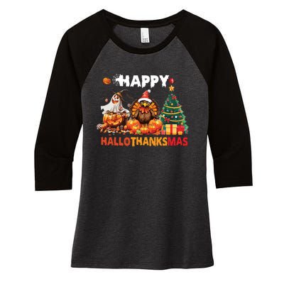 Retro Halloween Thanksgiving Christmas Happy Hallothanksmas Women's Tri-Blend 3/4-Sleeve Raglan Shirt