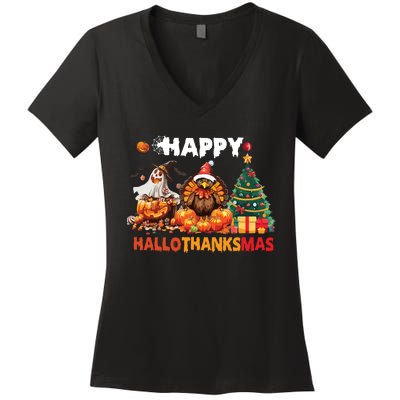 Retro Halloween Thanksgiving Christmas Happy Hallothanksmas Women's V-Neck T-Shirt