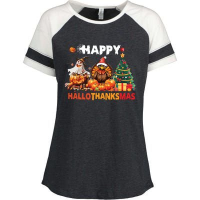 Retro Halloween Thanksgiving Christmas Happy Hallothanksmas Enza Ladies Jersey Colorblock Tee