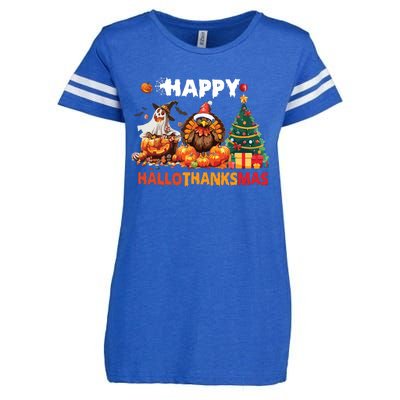 Retro Halloween Thanksgiving Christmas Happy Hallothanksmas Enza Ladies Jersey Football T-Shirt