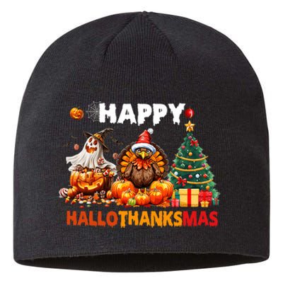 Retro Halloween Thanksgiving Christmas Happy Hallothanksmas Sustainable Beanie