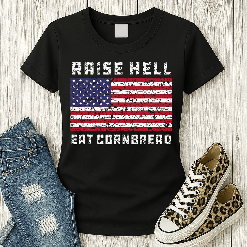 Raise Hell Usa Flag Eat Cornbread Redneck Country July 4 Womens T-Shirt