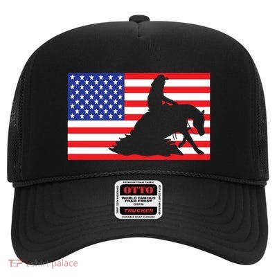 Reining Horse Usa American Flag Horseback Riding 4th Of July Gift High Crown Mesh Back Trucker Hat
