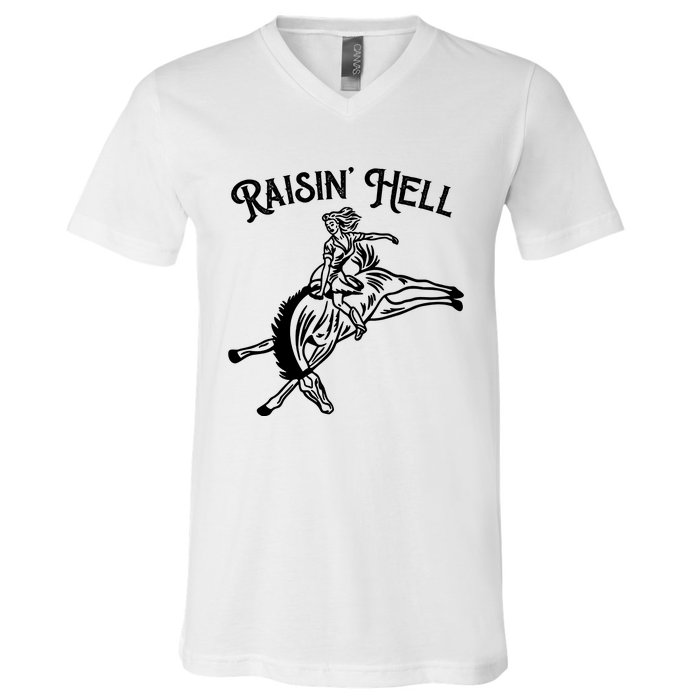 Raisin Hell Vintage Pinup Cowgirl Western V-Neck T-Shirt