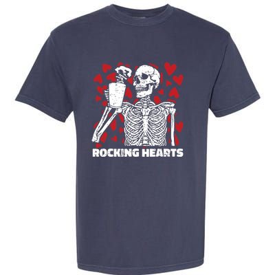 Rocking Hearts Valentines Day Funny Skeleton Drinking Coffee Garment-Dyed Heavyweight T-Shirt