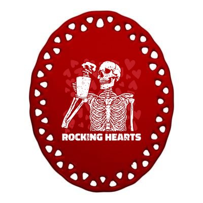 Rocking Hearts Valentines Day Funny Skeleton Drinking Coffee Ceramic Oval Ornament