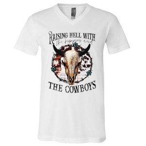 Raisin Hell With the hippies & the cowboys cow bull skull V-Neck T-Shirt