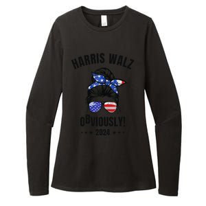 Retro Harris Walz Obviously 2024 Messy Bun American Flag Womens CVC Long Sleeve Shirt