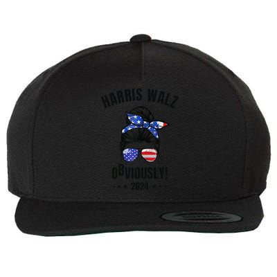 Retro Harris Walz Obviously 2024 Messy Bun American Flag Wool Snapback Cap