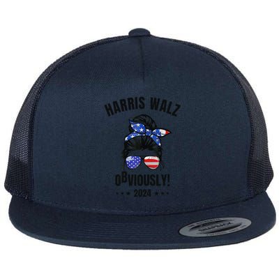 Retro Harris Walz Obviously 2024 Messy Bun American Flag Flat Bill Trucker Hat