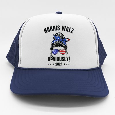 Retro Harris Walz Obviously 2024 Messy Bun American Flag Trucker Hat