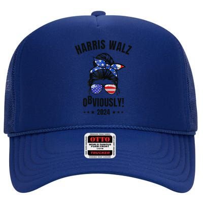 Retro Harris Walz Obviously 2024 Messy Bun American Flag High Crown Mesh Back Trucker Hat