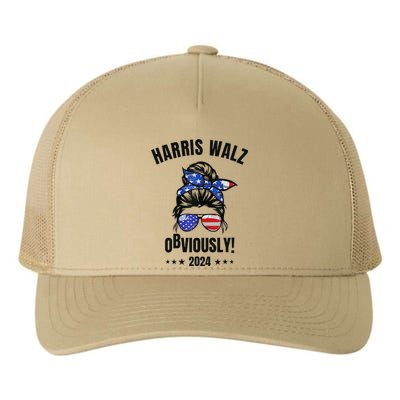 Retro Harris Walz Obviously 2024 Messy Bun American Flag Yupoong Adult 5-Panel Trucker Hat