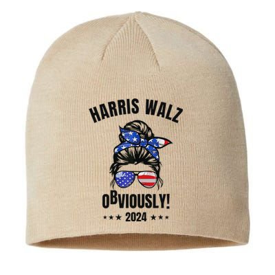 Retro Harris Walz Obviously 2024 Messy Bun American Flag Sustainable Beanie