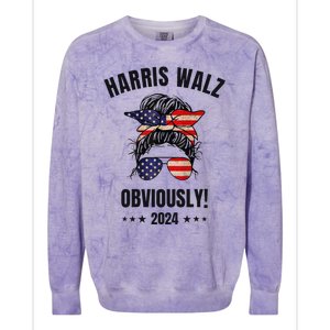 Retro Harris Walz Obviously 2024 Messy Bun American Flag Colorblast Crewneck Sweatshirt