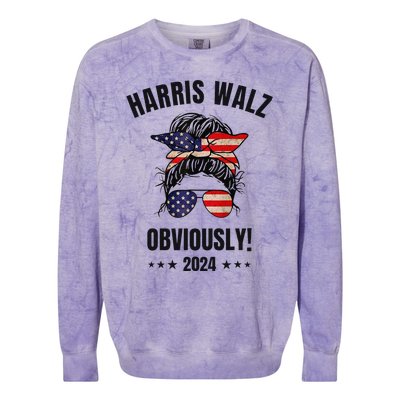 Retro Harris Walz Obviously 2024 Messy Bun American Flag Colorblast Crewneck Sweatshirt