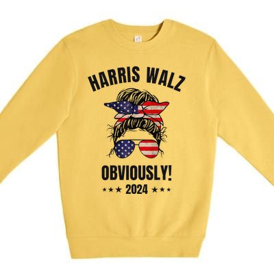 Retro Harris Walz Obviously 2024 Messy Bun American Flag Premium Crewneck Sweatshirt