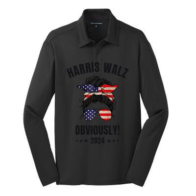 Retro Harris Walz Obviously 2024 Messy Bun American Flag Silk Touch Performance Long Sleeve Polo