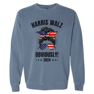 Retro Harris Walz Obviously 2024 Messy Bun American Flag Garment-Dyed Sweatshirt