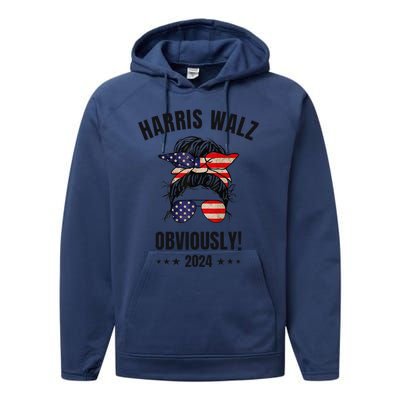 Retro Harris Walz Obviously 2024 Messy Bun American Flag Performance Fleece Hoodie