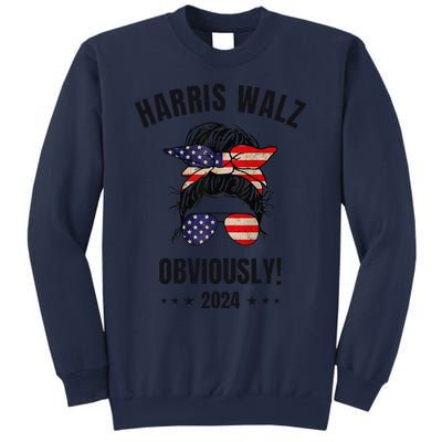 Retro Harris Walz Obviously 2024 Messy Bun American Flag Sweatshirt