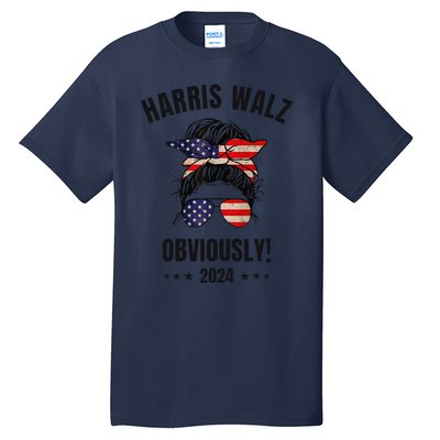 Retro Harris Walz Obviously 2024 Messy Bun American Flag Tall T-Shirt