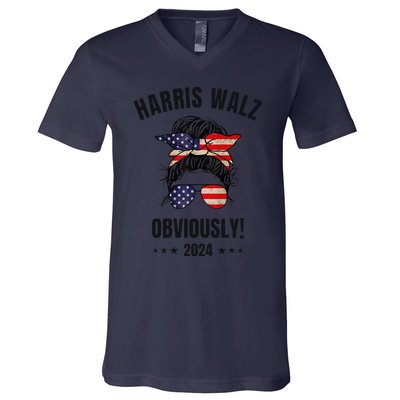 Retro Harris Walz Obviously 2024 Messy Bun American Flag V-Neck T-Shirt