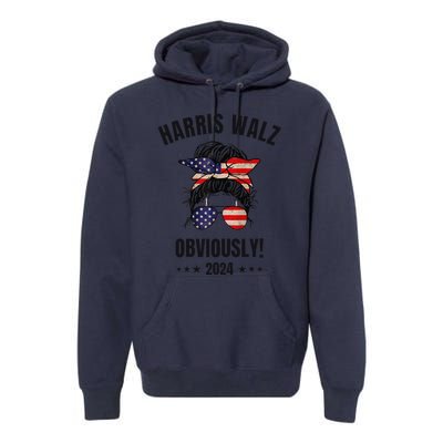 Retro Harris Walz Obviously 2024 Messy Bun American Flag Premium Hoodie