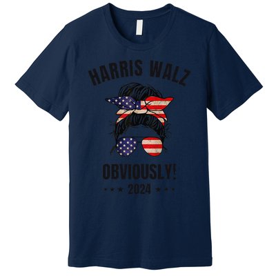 Retro Harris Walz Obviously 2024 Messy Bun American Flag Premium T-Shirt